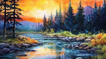 Vibrant watercolor landscape painting. AI generated - obrazy, fototapety, plakaty