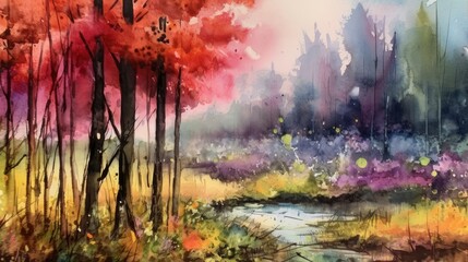 Obraz na płótnie Canvas Vibrant watercolor landscape painting. AI generated