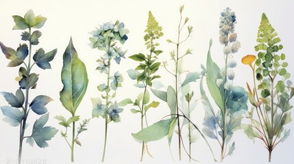 Watercolor botanical studies of leaves and flowers. AI generated