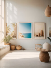 Interior of living room with photo frame, chair and sea view (1)