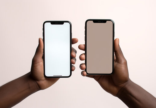 Close up of two hands holding smartphones with blank screen isolated on white background