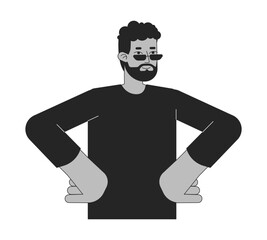 African american guy akimbo standing black and white 2D line cartoon character. Bearded sunglasses man hands on hips pose isolated vector outline person. Confident monochromatic flat spot illustration