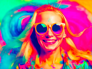 Portrait of a beautiful young woman with colorful hair and sunglasses