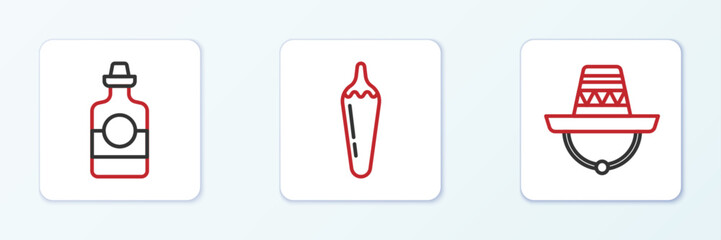 Set line Mexican sombrero, Tequila bottle and Hot chili pepper pod icon. Vector