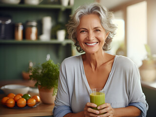 Healthy lifestyle senior woman smiling and drinking fresh organic guava juice in her modern kitchen - obrazy, fototapety, plakaty