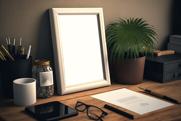 Fototapeta premium Blank picture frame mockup on office desk. 3d render