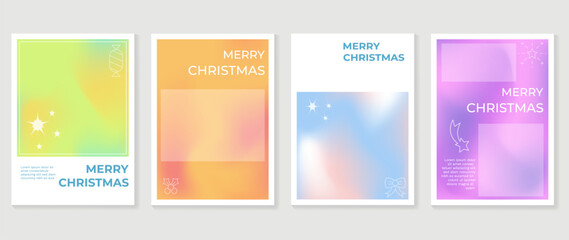 Merry christmas concept posters set. Cute gradient holographic background vector with vibrant color, candy, firework, snowflakes. Art trendy wallpaper design for social media, card, banner, flyer.