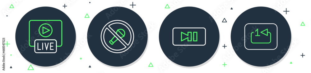 Poster set line mute microphone, pause button, live stream and repeat track music player icon. vector