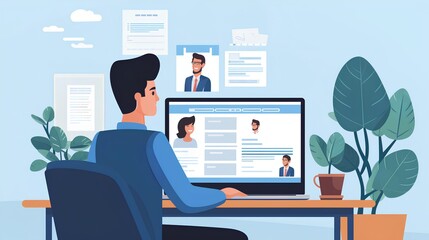 Remote hiring and online job interview concept. HR work with CV and application letter review to find best candidate for job position. Modern, digital approach to recruitment and selection process. - obrazy, fototapety, plakaty