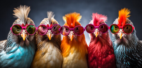 Roosters and chickens colored in sunglasses. 3D rendering of a group of birds in sunglasses isolated on black background. Funny roosters in glasses.  - obrazy, fototapety, plakaty