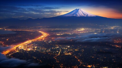 街の夜景と富士山