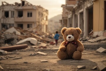 Hope Amidst the Ruins. Against the backdrop of the ruins left after a devastating earthquake, a little toy teddy bear stands strong. Its soft figure contrasts with the destruction around. 