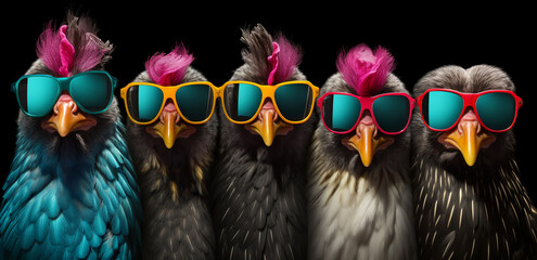 Roosters and chickens colored in sunglasses. 3D rendering of a group of birds in sunglasses isolated on black background. Funny roosters in glasses.  - Powered by Adobe