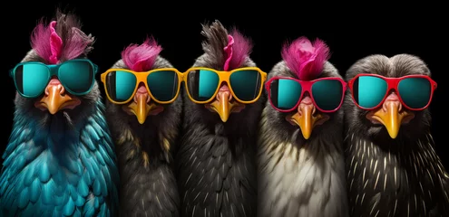 Tuinposter Roosters and chickens colored in sunglasses. 3D rendering of a group of birds in sunglasses isolated on black background. Funny roosters in glasses.  © Nadezhda