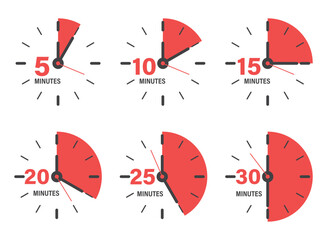 From 5 minutes to 30 minutes on stopwatch icon in flat style. Clock face timer vector illustration on isolated background. Countdown sign business concept.