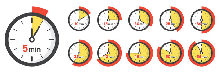 From 5 minutes to 55 minutes on stopwatch icon in flat style. Clock face timer vector illustration on isolated background. Countdown sign business concept. - obrazy, fototapety, plakaty