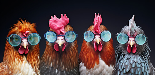 Roosters and chickens colored in sunglasses. 3D rendering of a group of birds in sunglasses isolated on black background. Funny roosters in glasses.  - obrazy, fototapety, plakaty