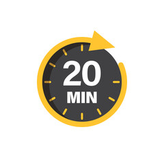 20 minutes on stopwatch icon in flat style. Clock face timer vector illustration on isolated background. Countdown sign business concept.