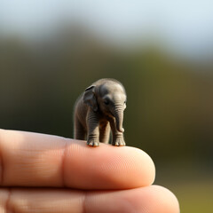 Tiny small elephant sitting on a finger tip