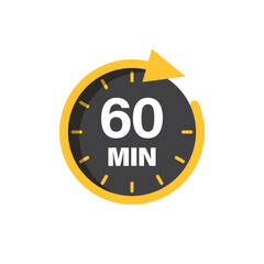 60 minutes on stopwatch icon in flat style. Clock face timer vector illustration on isolated background. Countdown sign business concept.