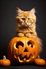Halloween cat with pumpkin - generative ai
