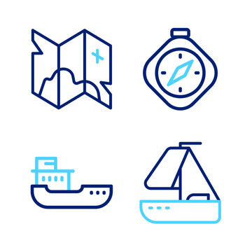 Set line Yacht sailboat, Cargo ship, Compass and Pirate treasure map icon. Vector