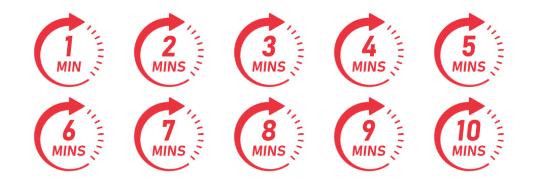 From 1 minite to 10 minutes on stopwatch icon in flat style. Clock face timer vector illustration on isolated background. Countdown sign business concept.
