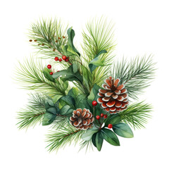 Fototapeta premium Delicate watercolor painting of pine branch with red berries and pinecone set against clean white background. Winter holiday concept