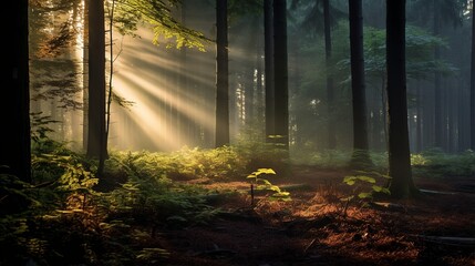 Fototapeta premium Sunbeams Through Misty Forest Morning