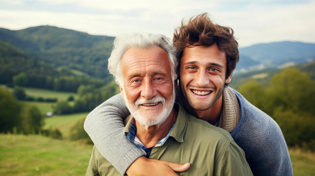 Happy smiling senior father with adult son hugging outdoors in nature. Family love and Father's Day concept.