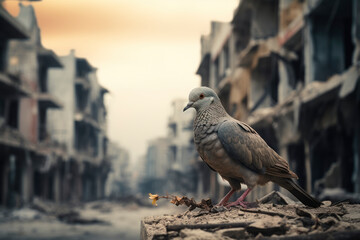 Obraz premium A lonely pigeon on a war destroyed city