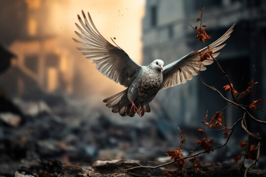 A  pigeon flying over a war destroyed city