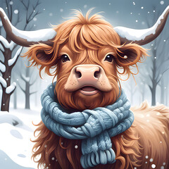 Highland Cow In A  Scarf Christmas Illustration 