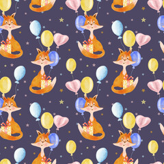 Watercolor seamless pattern with Fox. Red cheerful fox with balloons. Design for wrapping paper, greetings and textiles.