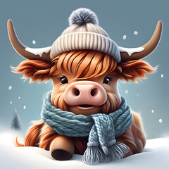  Cute Baby Highland Cow Winter Illustration 
