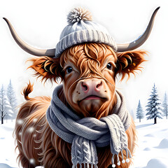 Сгеу  Highland Cow Against The Background Of A Winter Landscape