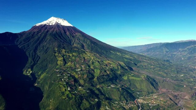 Aerial view of many agricultural fields on the foothills of the tungurahua volcano in Banos de Agua Santa in Ecuador, South America