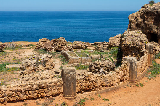 Ruins of the Roman Archeological Park of Tipaza, Tipasa, Algeria. Circular mausoleum with the Mediterranean sea in the background. Maritime spring flowers.
