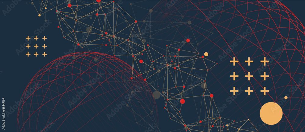 Wall mural abstract scientific background using wireframe sphere and plexus effect. vector illustration