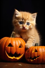 Halloween cat with pumpkin - generative ai