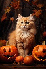 Halloween cat with pumpkin - generative ai
