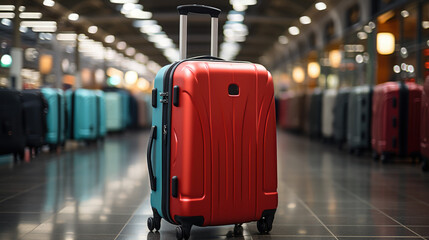 Suitcase in departure lounge, airport in background, summer vacation concept, traveler suitcases in airport terminal waiting area. - obrazy, fototapety, plakaty