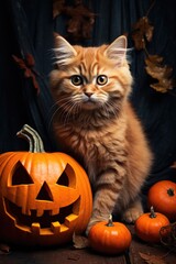 Halloween cat with pumpkin - generative ai