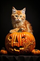 Halloween cat with pumpkin - generative ai