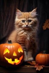 Halloween cat with pumpkin - generative ai