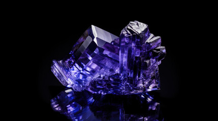tanzanite (violet zoisite) crystal on black background. macro detail texture background. close-up raw rough unpolished semi-precious gemstone.