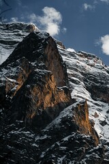 snow on the mountains are in between some tree branches and the blue sky