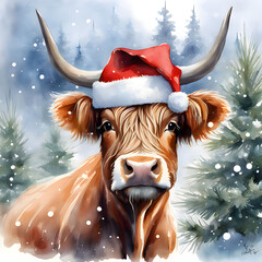 Cute Highland Cow Santa Hat. Watercolor Christmas Animal Illustration 