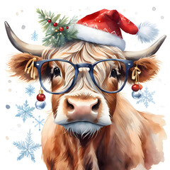 Watercolor Cute Highland Cow With Glasses And Santa Hat. Christmas Animal Illustration 