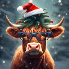 Cute Highland Cow With Glasses And Santa Hat. Christmas Animal Illustration 